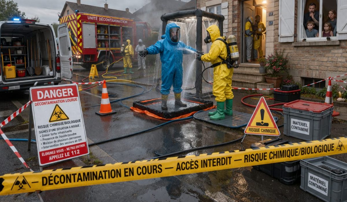 Équipe en combinaison de protection réalisant une décontamination lourde dans une pièce insalubre présentant moisissures, déchets et risque sanitaire
