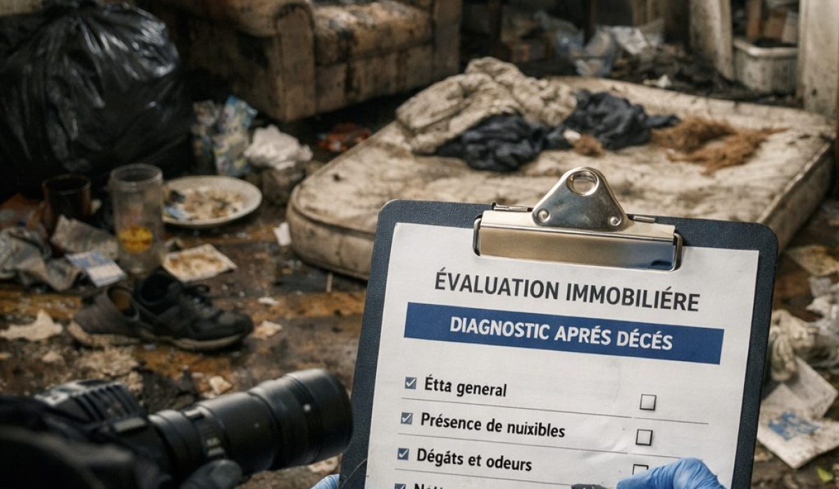 Évaluation d’un logement après décès avant intervention dans un appartement insalubre avec diagnostic visuel, encombrement, dégradations et critères sanitaires