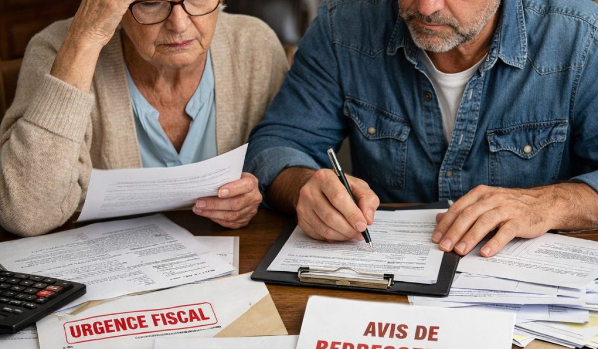 Héritiers examinant une déclaration de succession et des courriers fiscaux après un héritage