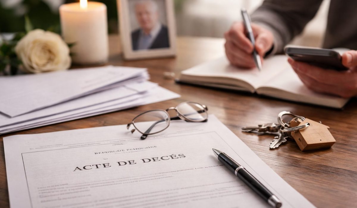 Acte de décès posé sur une table avec stylo, lunettes, clés et bougie, illustrant les démarches administratives à effectuer dans les premières 24 heures après un décès