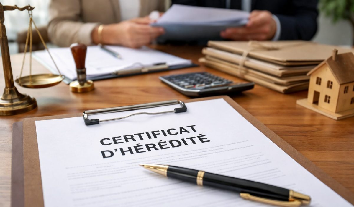 Document “Certificat d’hérédité” posé sur un bureau en bois avec un stylo, un sceau, une balance de justice et une maquette de maison, dans un bureau de notaire