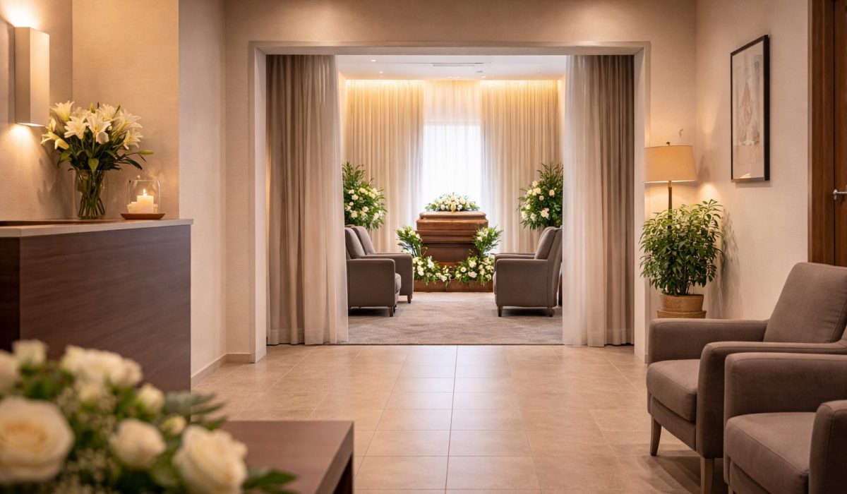 Hall d’accueil d’une chambre funéraire donnant sur un salon de recueillement lumineux avec cercueil, fleurs blanches et fauteuils.
