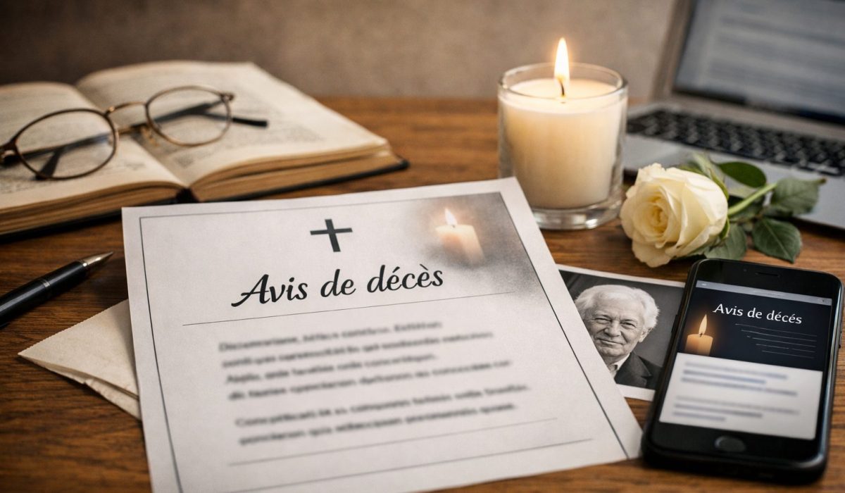 Mise en scène réaliste d’un avis de décès imprimé posé sur une table, avec une bougie allumée, une rose blanche, un stylo, un livre ouvert et un smartphone affichant l’annonce.