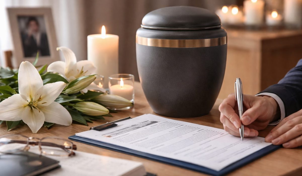 Urne funéraire posée sur une table avec fleurs blanches, bougies et document administratif en cours de signature lors de l’organisation d’une crémation