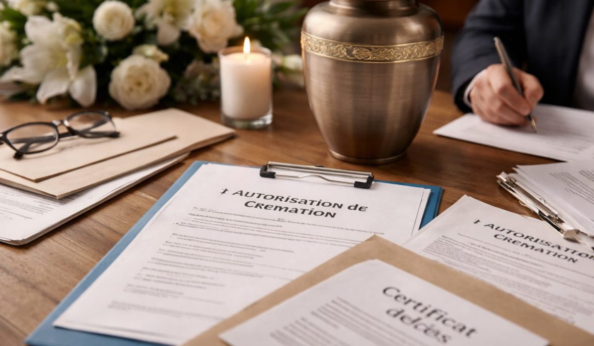Documents de crémation posés sur une table avec une urne funéraire, une bougie allumée et une personne remplissant des formalités administratives