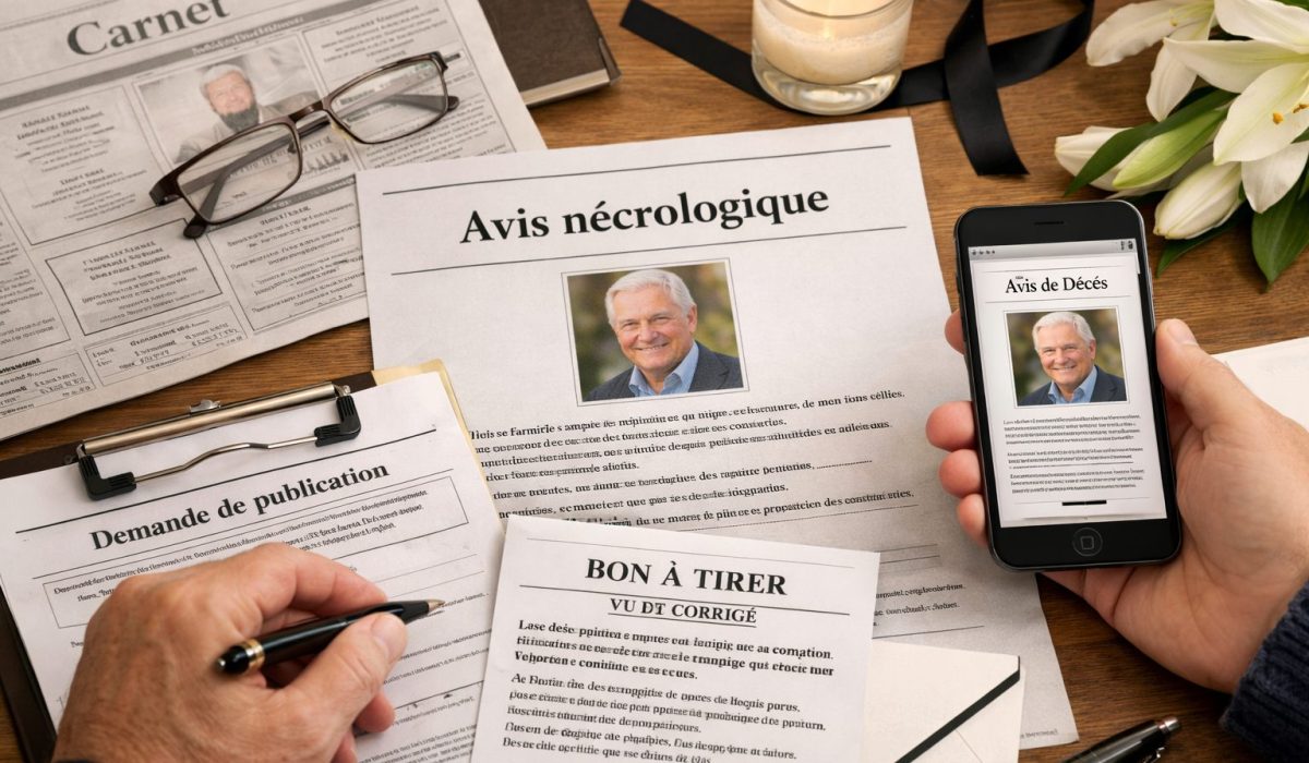 Avis nécrologique en cours de rédaction avec documents funéraires, notes, journal et préparation des règles de publication