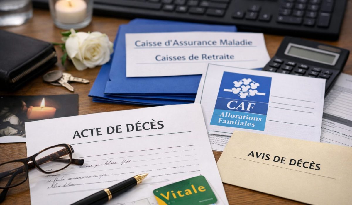 Bureau avec un acte de décès, des documents CAF, une carte Vitale, une enveloppe d’avis de décès et des formulaires liés à l’Assurance Maladie et à la retraite.