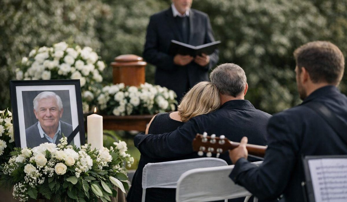 Cérémonie d’adieu en extérieur avec portrait du défunt, fleurs blanches, bougie allumée, officiant au fond et musicien à la guitare, proches assis et recueillis.
