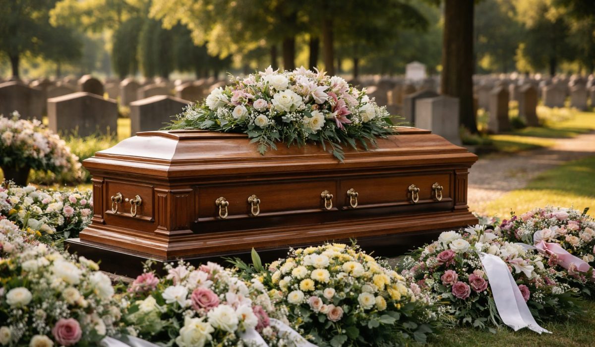 Cercueil en bois entouré de fleurs lors d’une inhumation dans un cimetière arboré