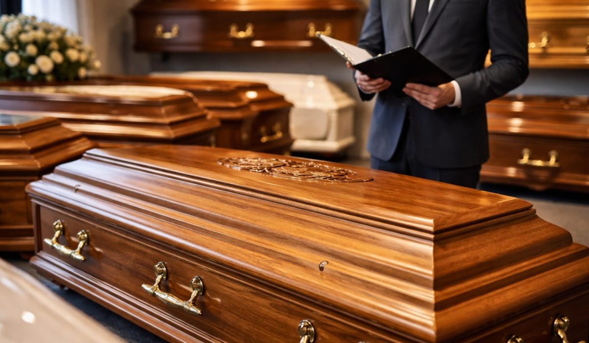 Cercueil en bois verni avec poignées dorées présenté dans un showroom de pompes funèbres, avec un conseiller en costume tenant un dossier