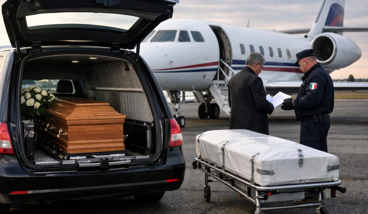 Corbillard ouvert avec cercueil et fleurs, à côté d’un avion sur le tarmac ; agent et personnel funéraire vérifiant des documents avant un transfert.