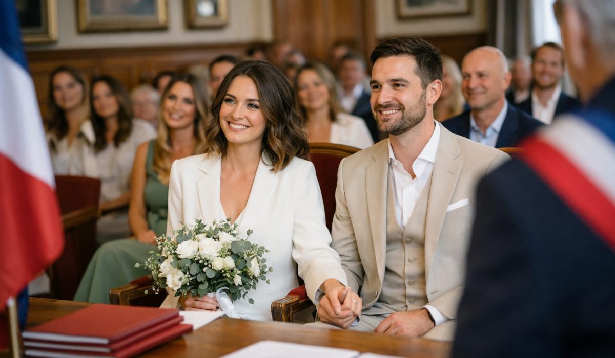 Couple de mariés assis à la mairie pendant la cérémonie civile, tenant la main, la mariée avec un bouquet de roses blanches, invités en arrière-plan.