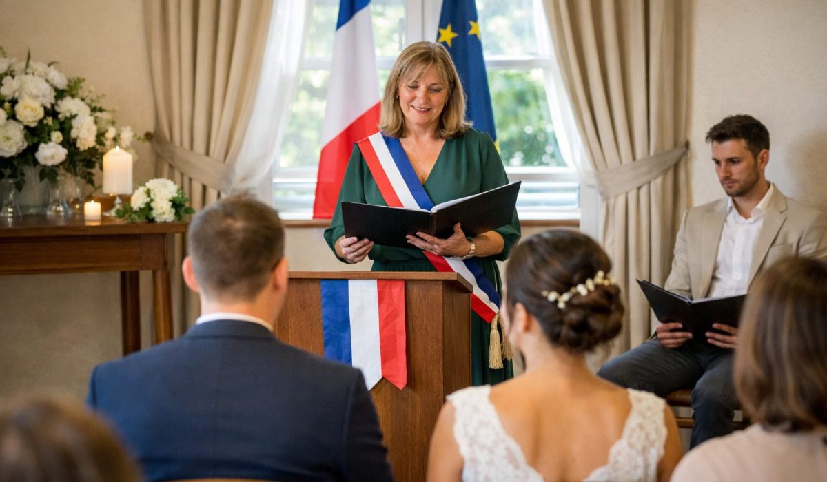 Officiante célébrant une cérémonie civile en intérieur devant un couple et leurs proches dans une salle lumineuse