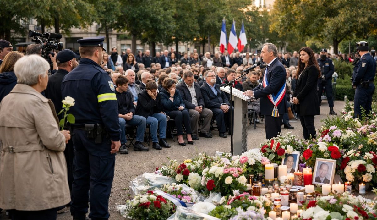 Rassemblement lors d’une cérémonie d’hommage collectif en extérieur, avec un discours au pupitre, des fleurs et des bougies, et un public recueilli