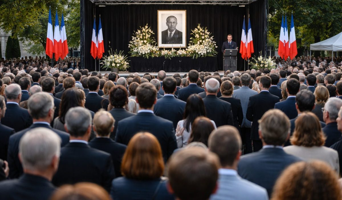 Vue panoramique d’un hommage public dans un parc, avec une foule rassemblée face à une scène, un portrait encadré, des compositions florales et un intervenant au pupitre.