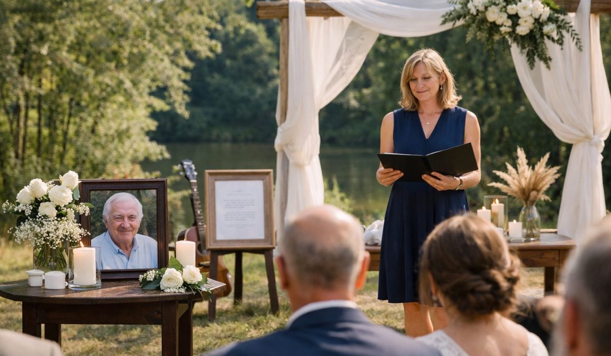 Officiante lisant un discours lors d’une cérémonie laïque en extérieur, avec photo du défunt, bougies et fleurs blanches, invités assis face à elle près d’un lac.
