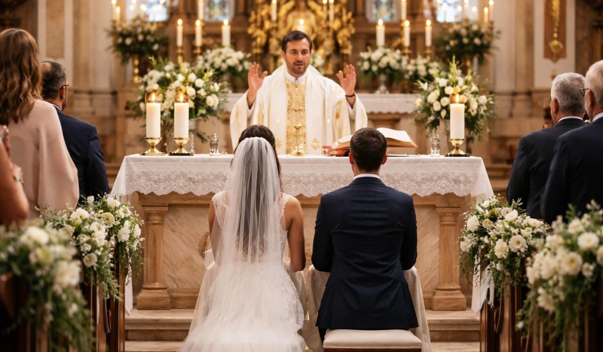 Cérémonie religieuse de mariage avec un couple agenouillé devant l’autel pendant la bénédiction du célébrant