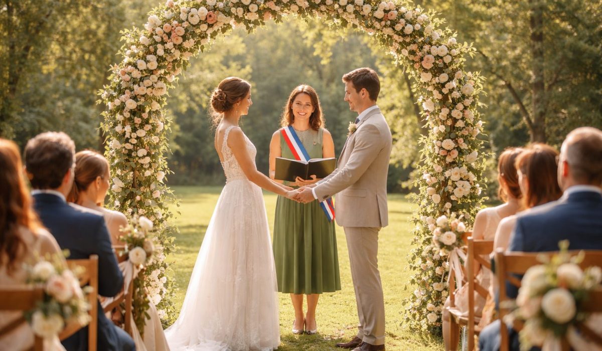 Couple échangeant ses vœux lors d’une cérémonie civile en extérieur, sous une arche fleurie, avec une officiant et des invités assis sur des chaises en bois