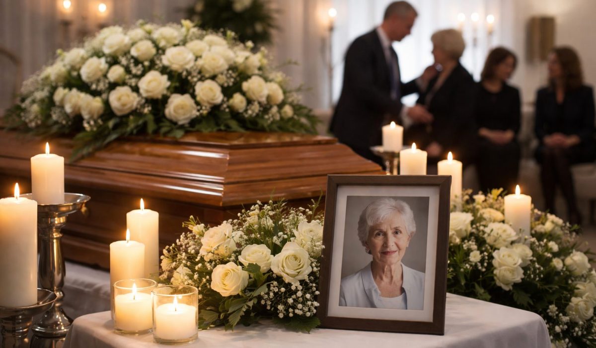 Cercueil en bois avec composition de roses blanches, bougies allumées et portrait encadré du défunt lors d’une veillée en salon funéraire