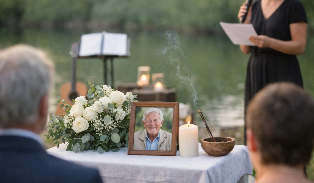Table de cérémonie avec photo encadrée du défunt, bouquet de fleurs blanches, bougie allumée et encens, pendant une cérémonie d’hommage en extérieur au bord d’un lac.