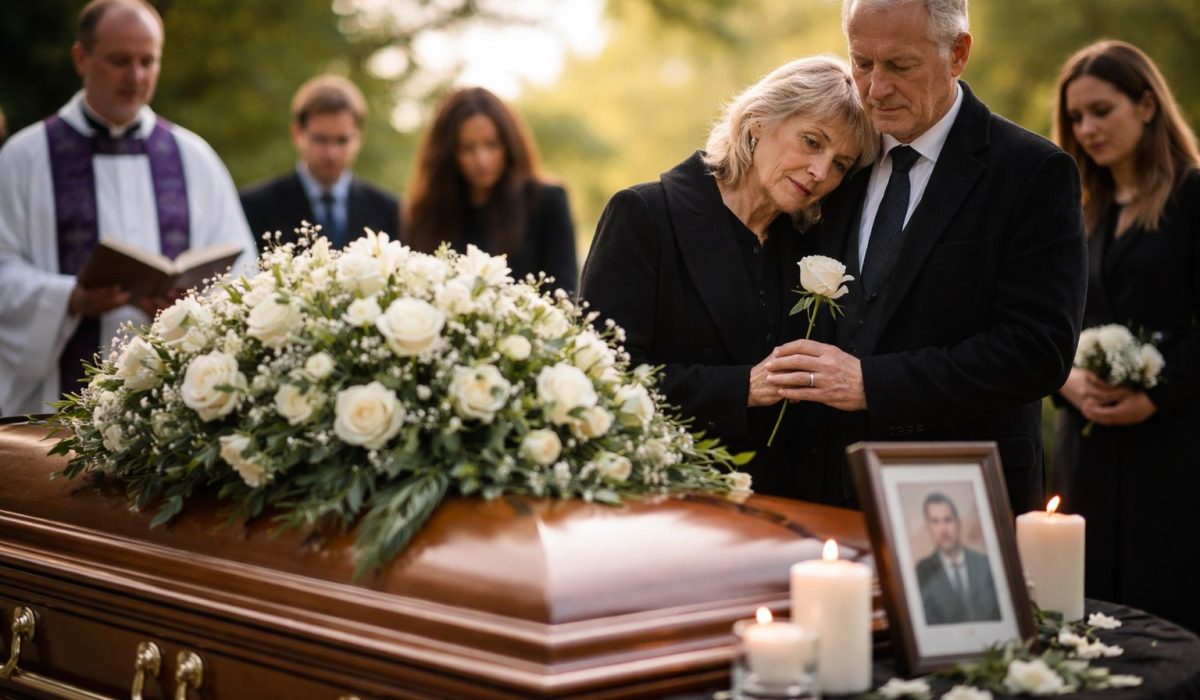Famille recueillie autour d’un cercueil fleuri lors d’une cérémonie d’hommage en plein air, avec bougies et photo du défunt