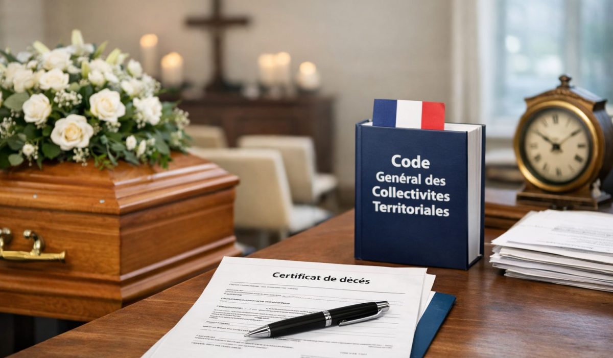 Cercueil funéraire posé dans un espace administratif avec certificat de décès et documents officiels liés aux délais légaux des obsèques
