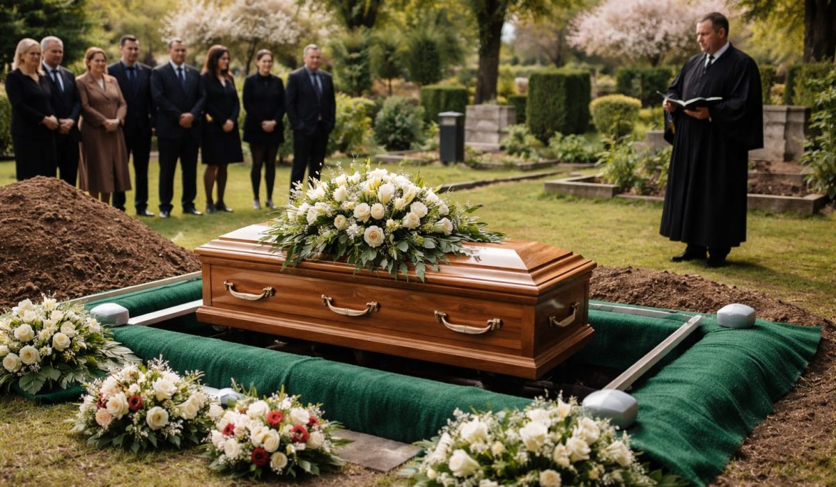 Cercueil en bois avec composition florale devant une fosse ouverte, proches rassemblés et officiant lisant un texte dans un cimetière arboré