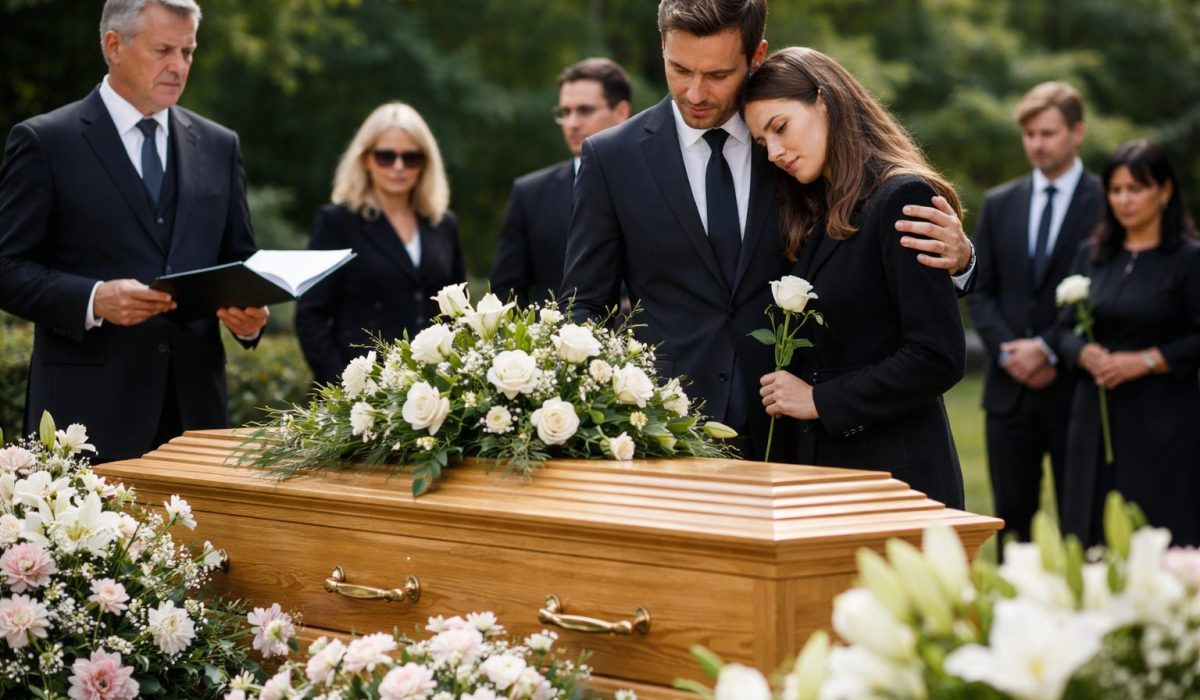 Famille et proches réunis autour d’un cercueil fleuri lors d’une inhumation au cimetière, moment de recueillement.