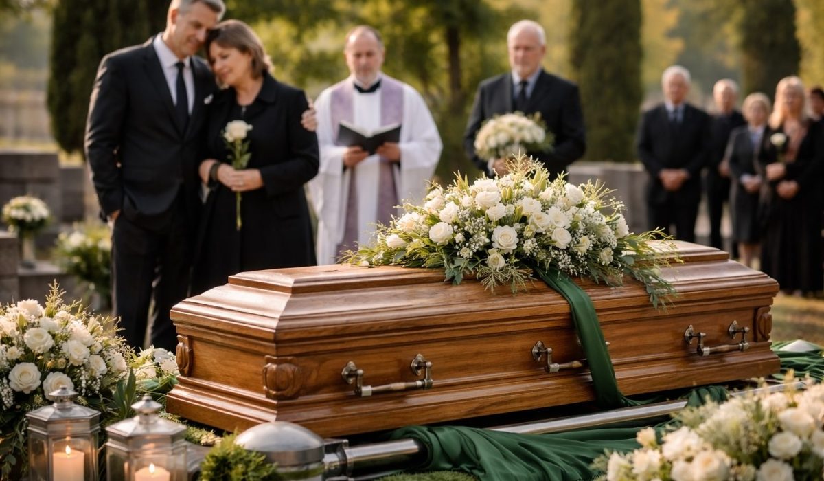 Cercueil en bois recouvert de fleurs blanches lors d’une cérémonie d’inhumation, entouré de proches en tenue sombre et d’un officiant au cimetière