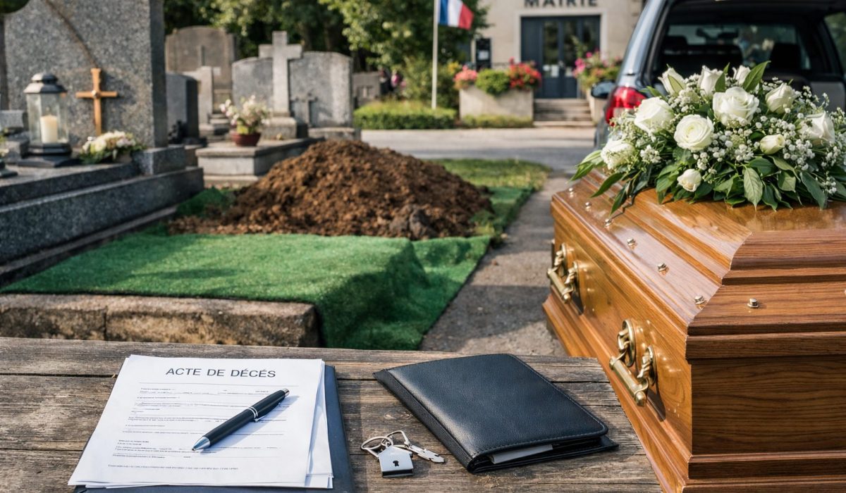 Cercueil en bois fleuri au cimetière, mairie en arrière-plan et acte de décès posé sur une table, illustrant l’organisation administrative et pratique avant l’inhumation