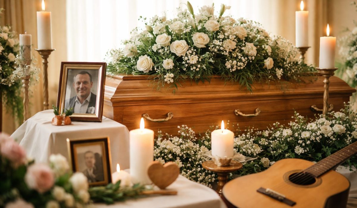 Cercueil en bois entouré de fleurs blanches et de bougies, avec une photo encadrée et une guitare posée près de l’hommage.
