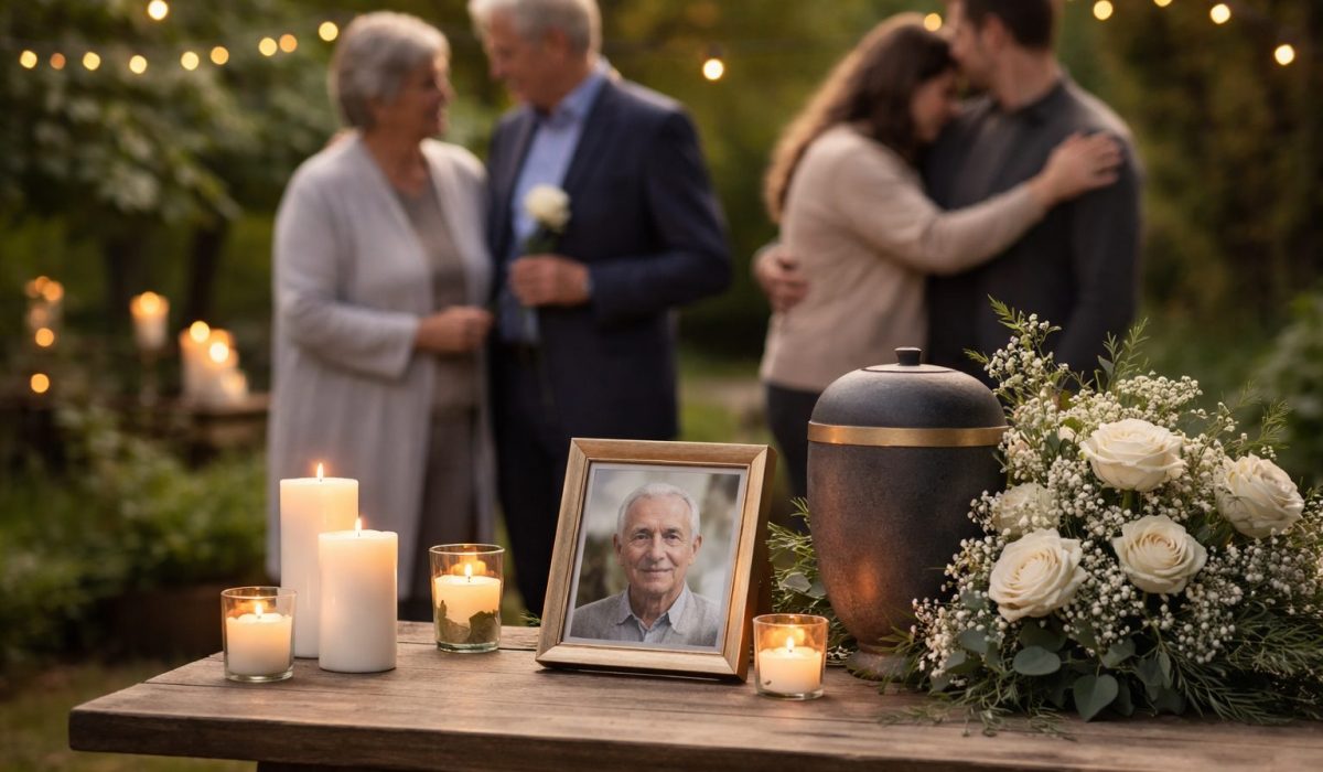 Table en bois avec photo encadrée, urne, bougies et bouquet de fleurs blanches lors d’une cérémonie intime dans un jardin, proches en arrière-plan
