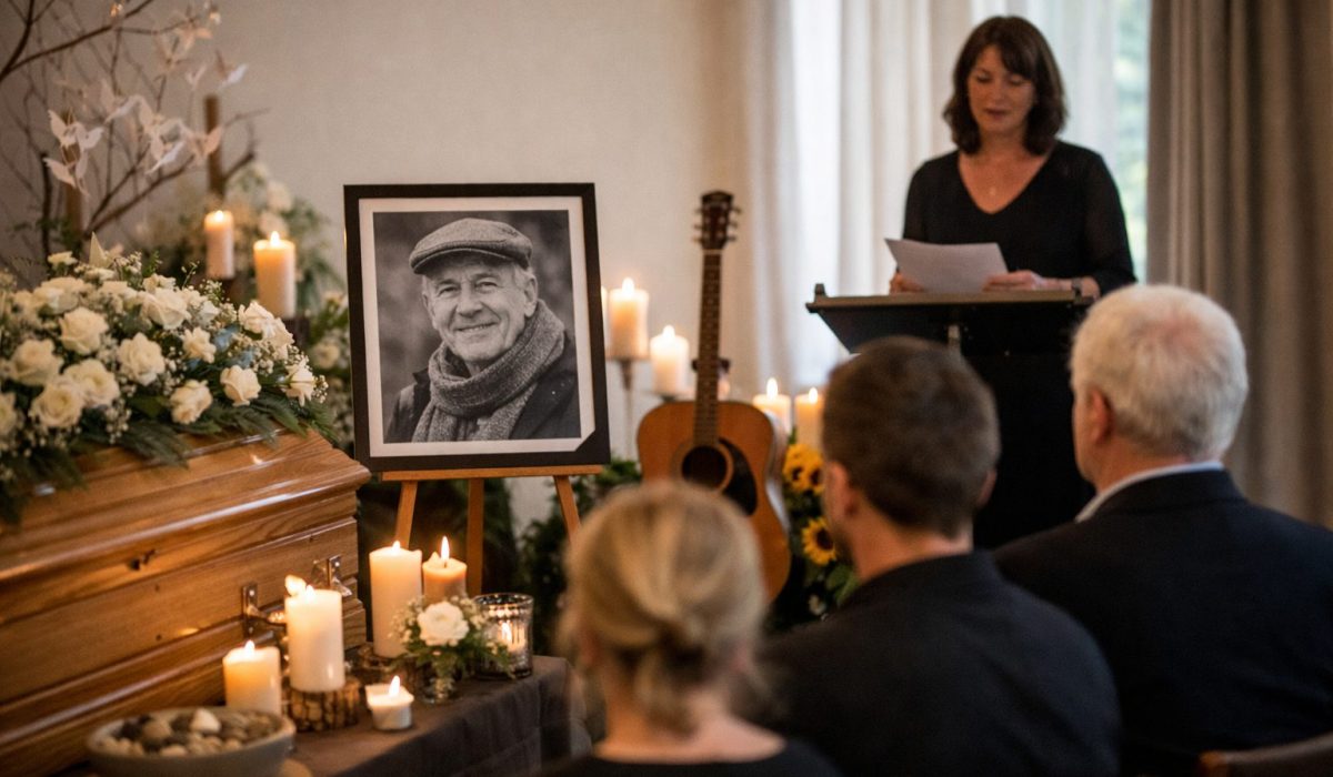 Cérémonie funéraire en intérieur avec cercueil en bois, bougies allumées, portrait du défunt sur chevalet, fleurs blanches et guitare, proche lisant un hommage devant l’assemblée