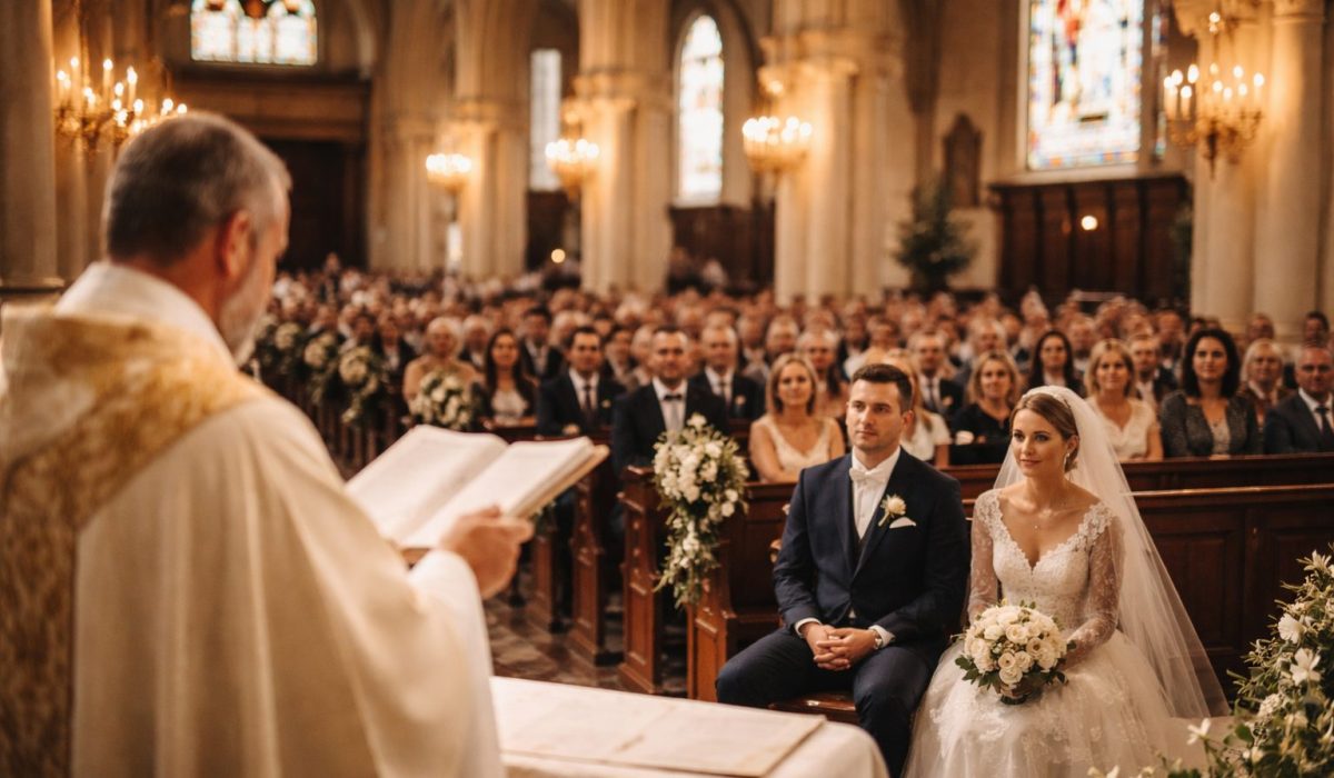 Un prêtre officie un mariage religieux dans une église, face aux mariés assis au premier rang et aux invités réunis dans la nef.