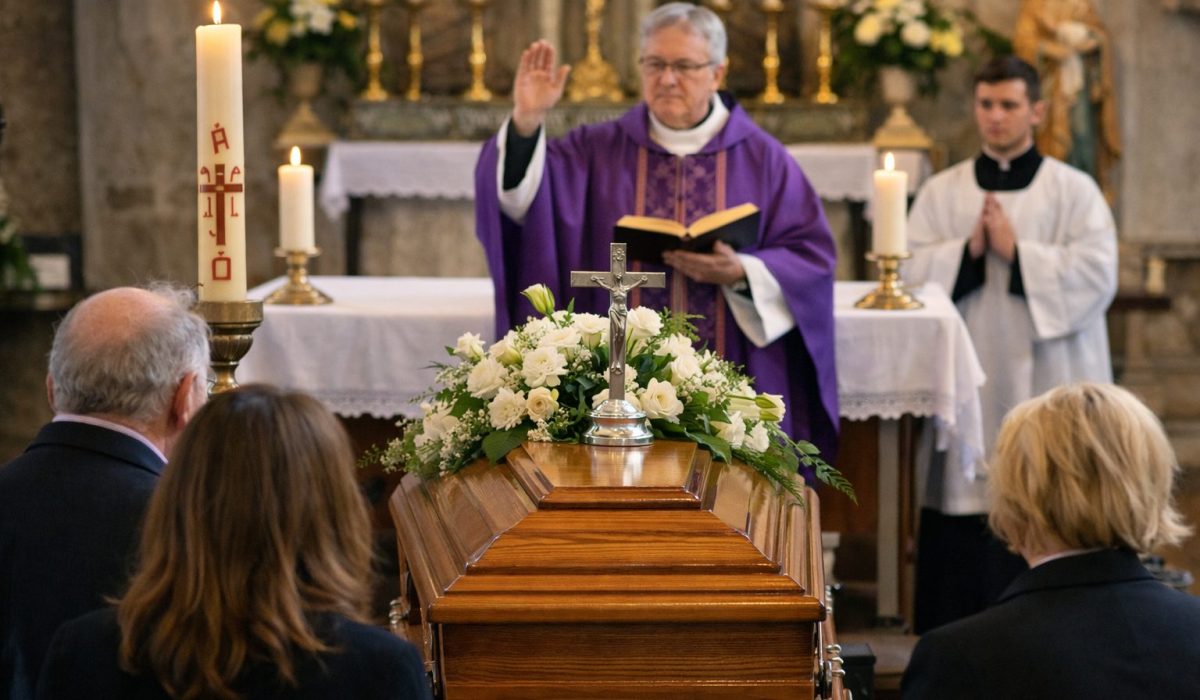 Prêtre en chasuble violette bénissant un cercueil fleuri dans une église, avec des proches réunis pour une cérémonie funéraire religieuse
