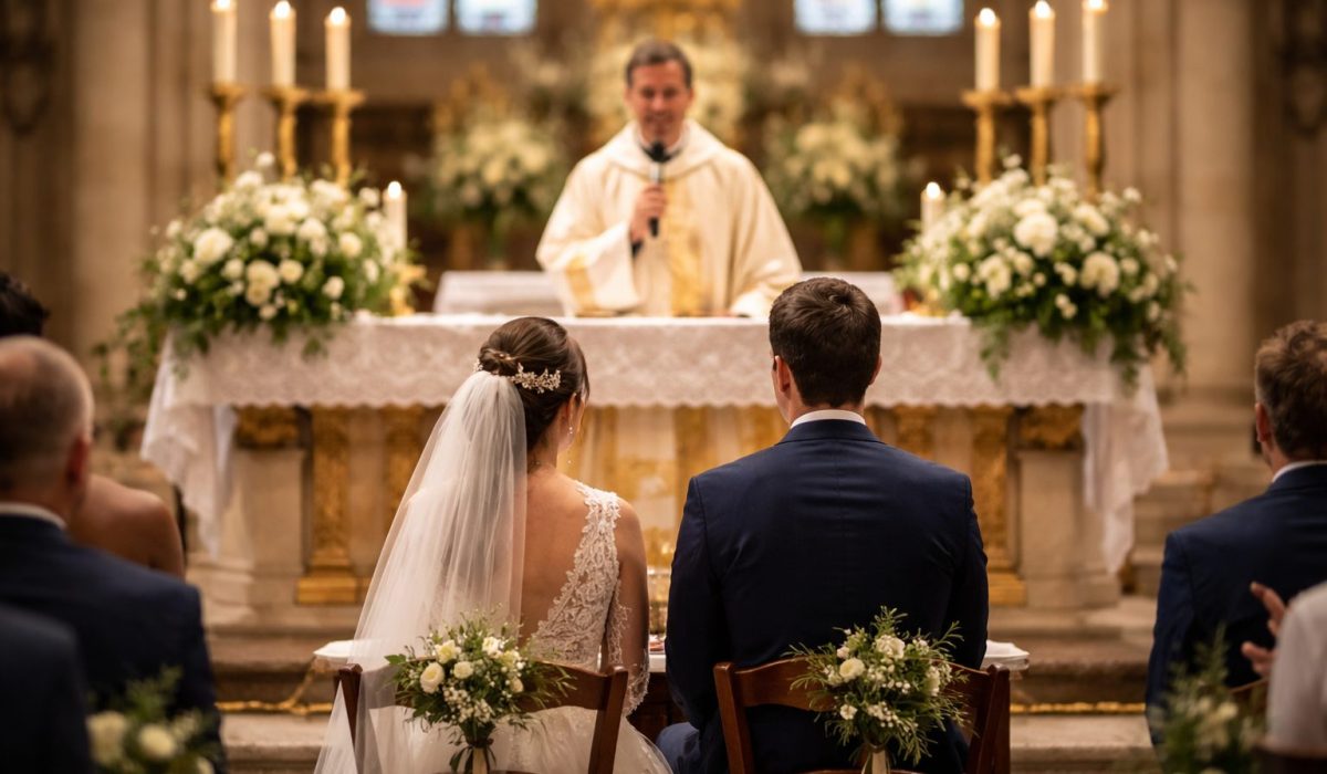 Mariés assis de dos face à l’autel pendant une cérémonie religieuse, prêtre au micro, décor floral blanc et chandeliers dans une église.