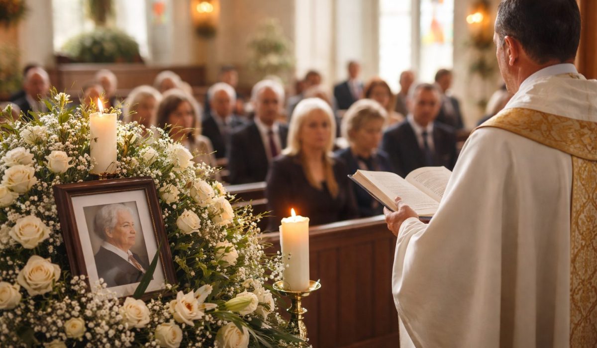 Prêtre lisant un texte pendant une cérémonie d’hommage religieux dans une église, avec photo du défunt, bougies allumées et fleurs blanches au premier plan