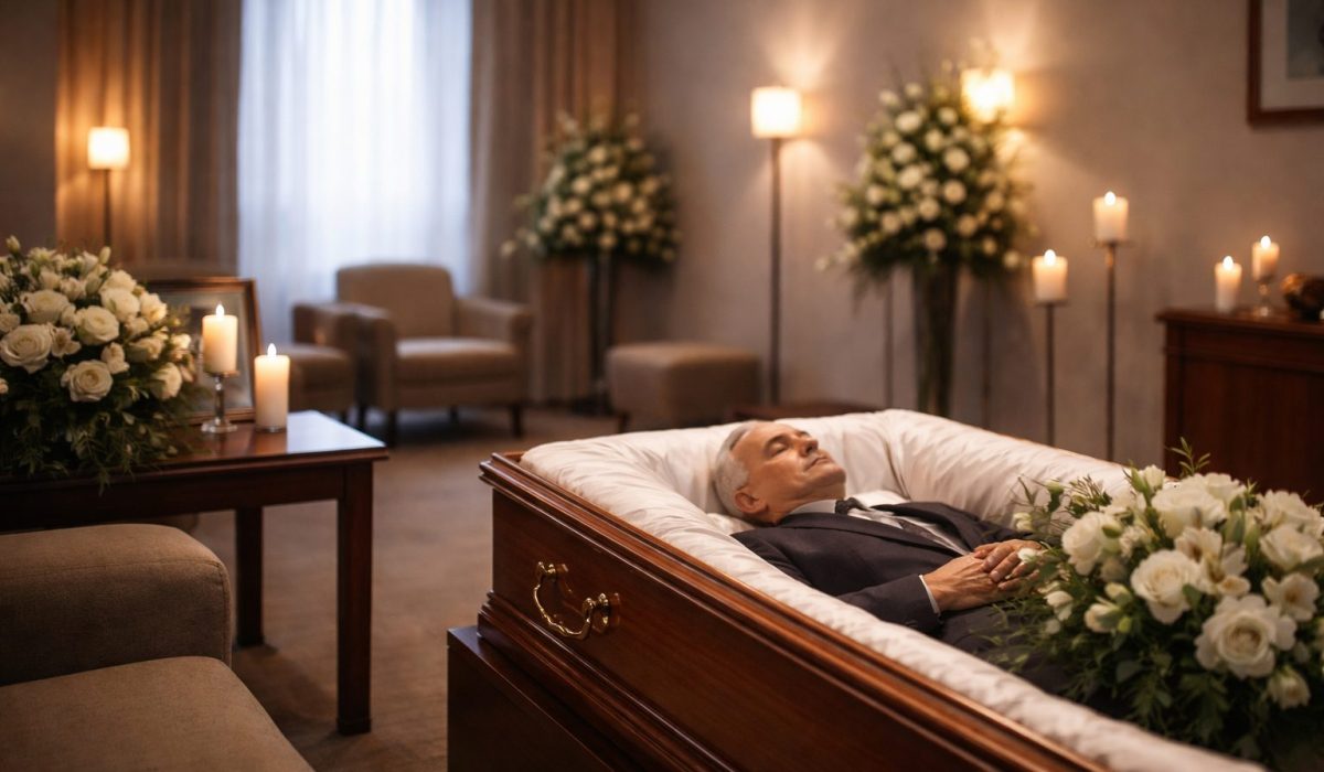 Chambre funéraire calme avec cercueil en bois, éclairage tamisé, bougies et compositions florales blanches