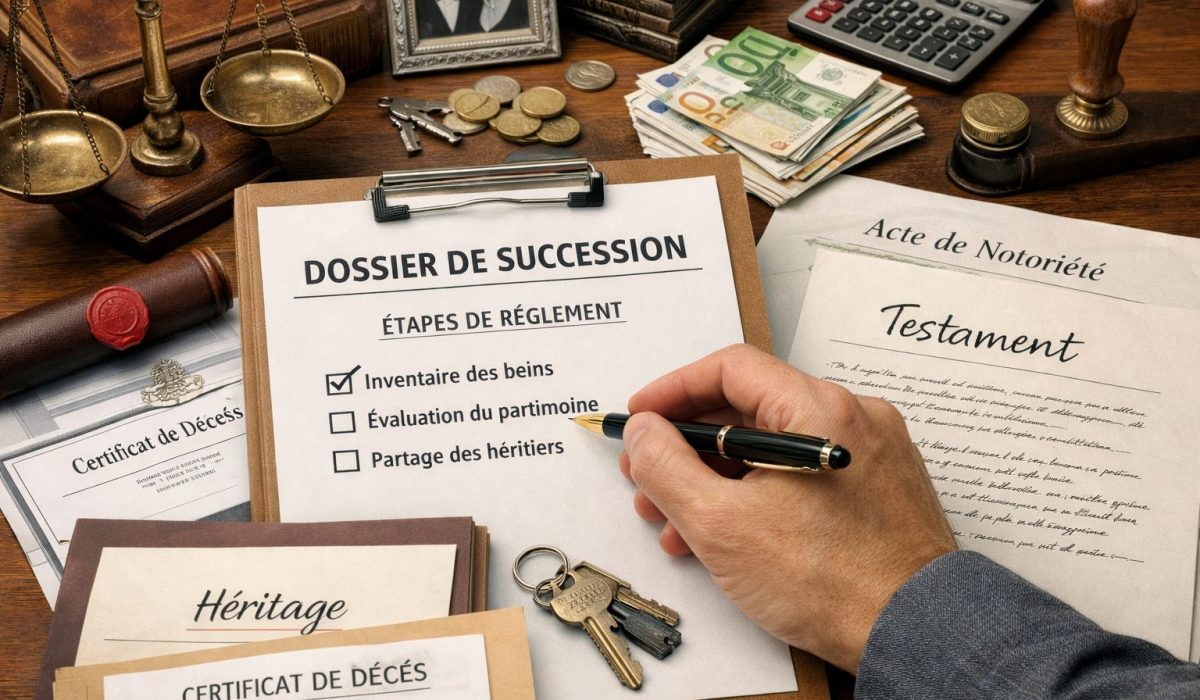 Documents de succession sur un bureau avec testament, acte de notoriété, clés, calculatrice et dossier de règlement successoral