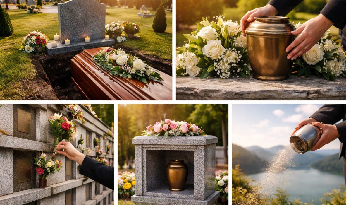 Montage photo horizontal montrant une inhumation avec cercueil, une urne funéraire, un columbarium, une cavurne et une dispersion des cendres en pleine nature.
