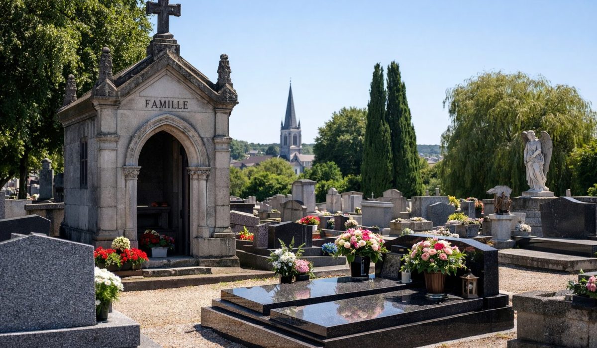 Vue horizontale d’un cimetière lumineux avec un mausolée familial en pierre, des tombes en granit fleuries, des arbres et un clocher au loin.
