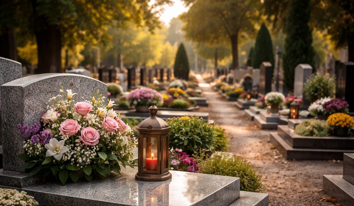 Tombe en granit avec bouquet de fleurs et lanterne allumée, dans un cimetière arboré avec allées et monuments au coucher du soleil