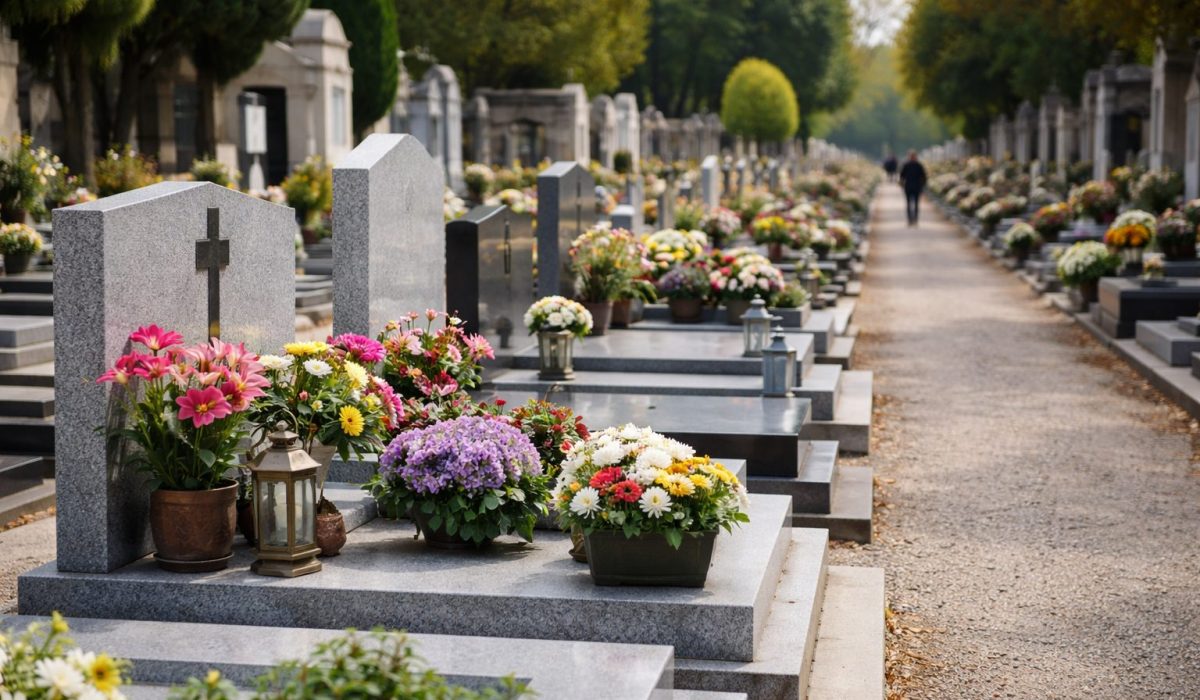Tombe en granit ornée de fleurs colorées dans un cimetière communal, avec allée centrale et sépultures alignées en arrière-plan