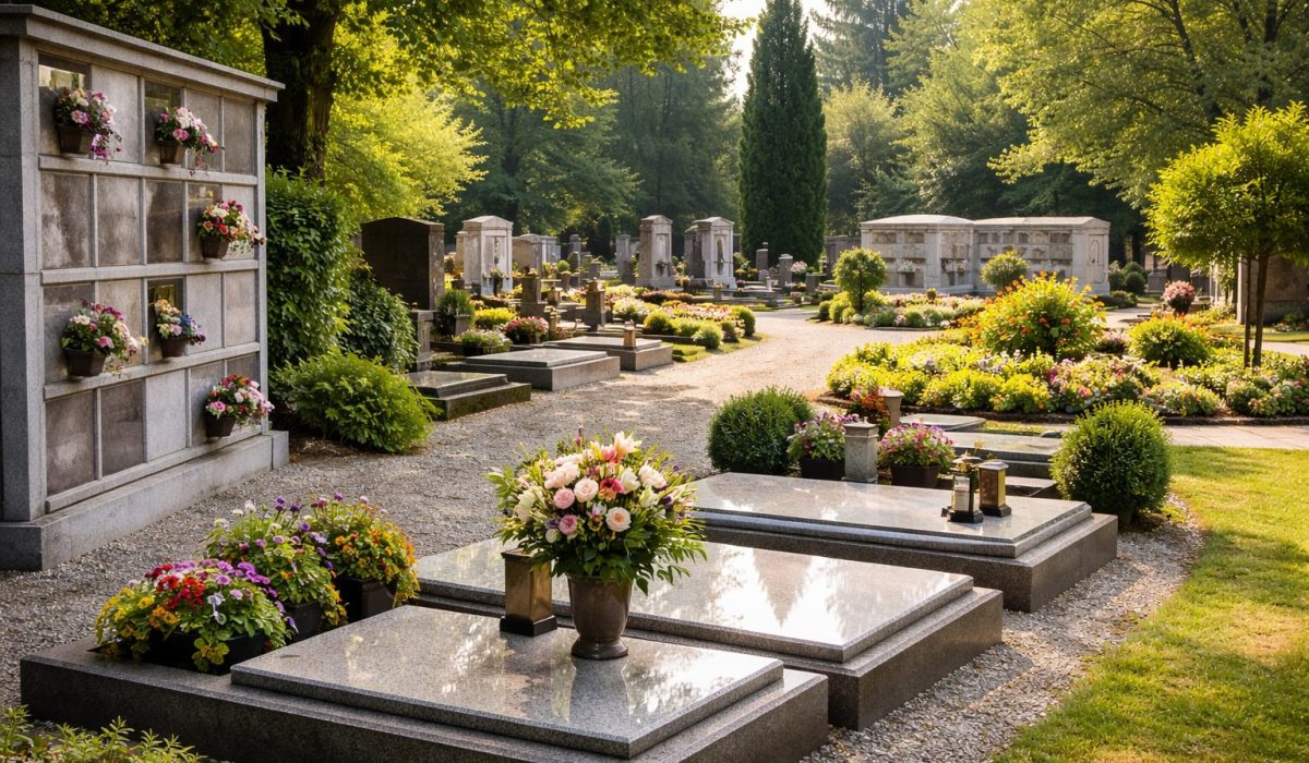Vue horizontale d’un cimetière arboré avec des tombes en granit décorées de bouquets de fleurs, un columbarium à gauche et une allée de gravier menant vers un jardin du souvenir.