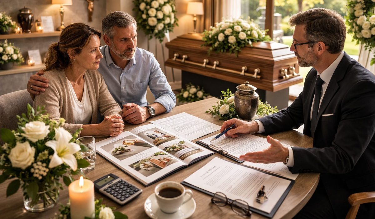 Un couple échange avec un conseiller funéraire autour d’un devis, dans un salon funéraire avec cercueil et compositions florales en arrière-plan.