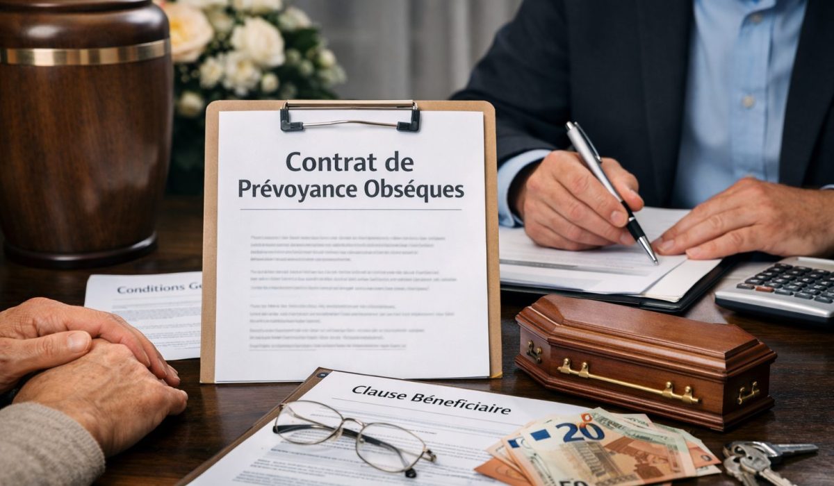 Personne signant un contrat de prévoyance obsèques sur une table avec clause bénéficiaire, petite représentation de cercueil et billets en euros