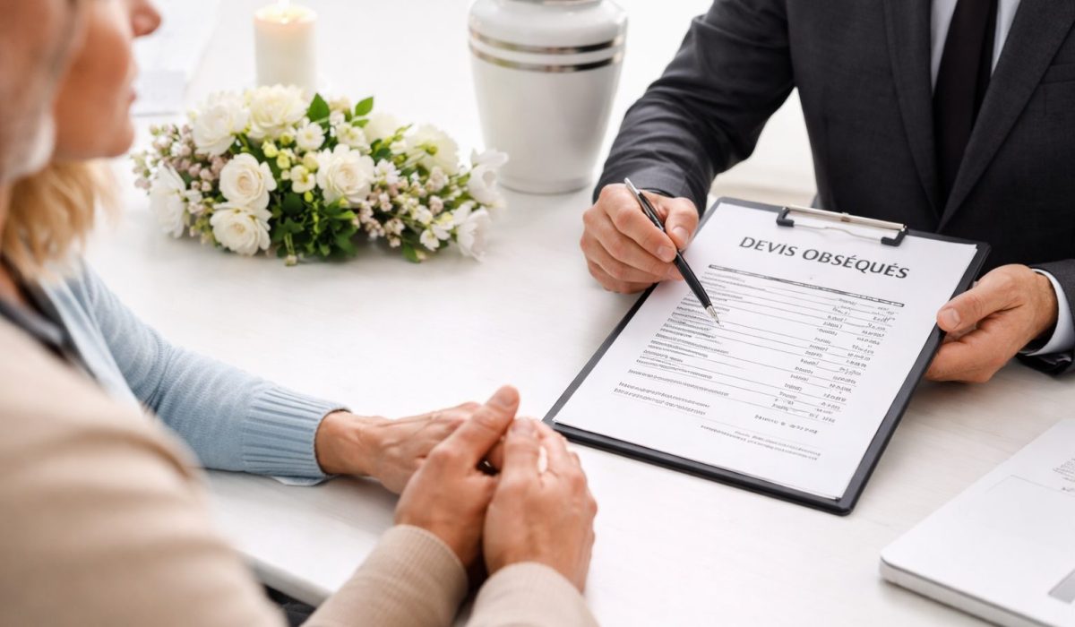 Un conseiller funéraire présente un devis obsèques sur un clipboard à un couple assis, avec une urne, une bougie et des fleurs blanches sur la table.
