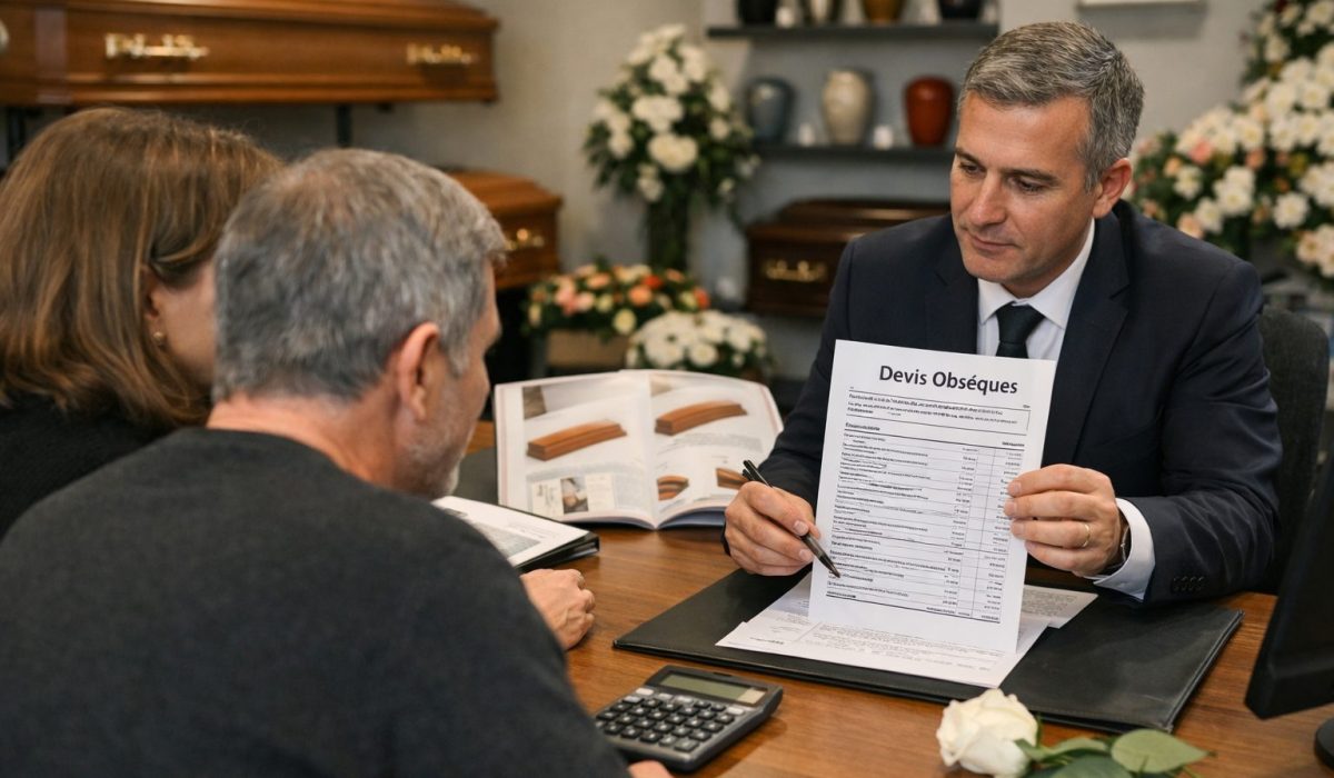 Famille échangeant avec un conseiller funéraire pour analyser et comparer un devis de pompes funèbres lors de l’organisation des obsèques