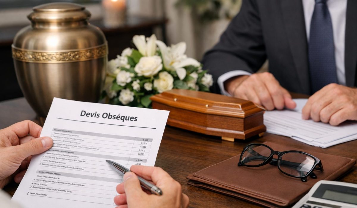 Main tenant un devis obsèques pendant un entretien avec un conseiller funéraire, avec une urne, des fleurs blanches et un petit cercueil en bois sur un bureau