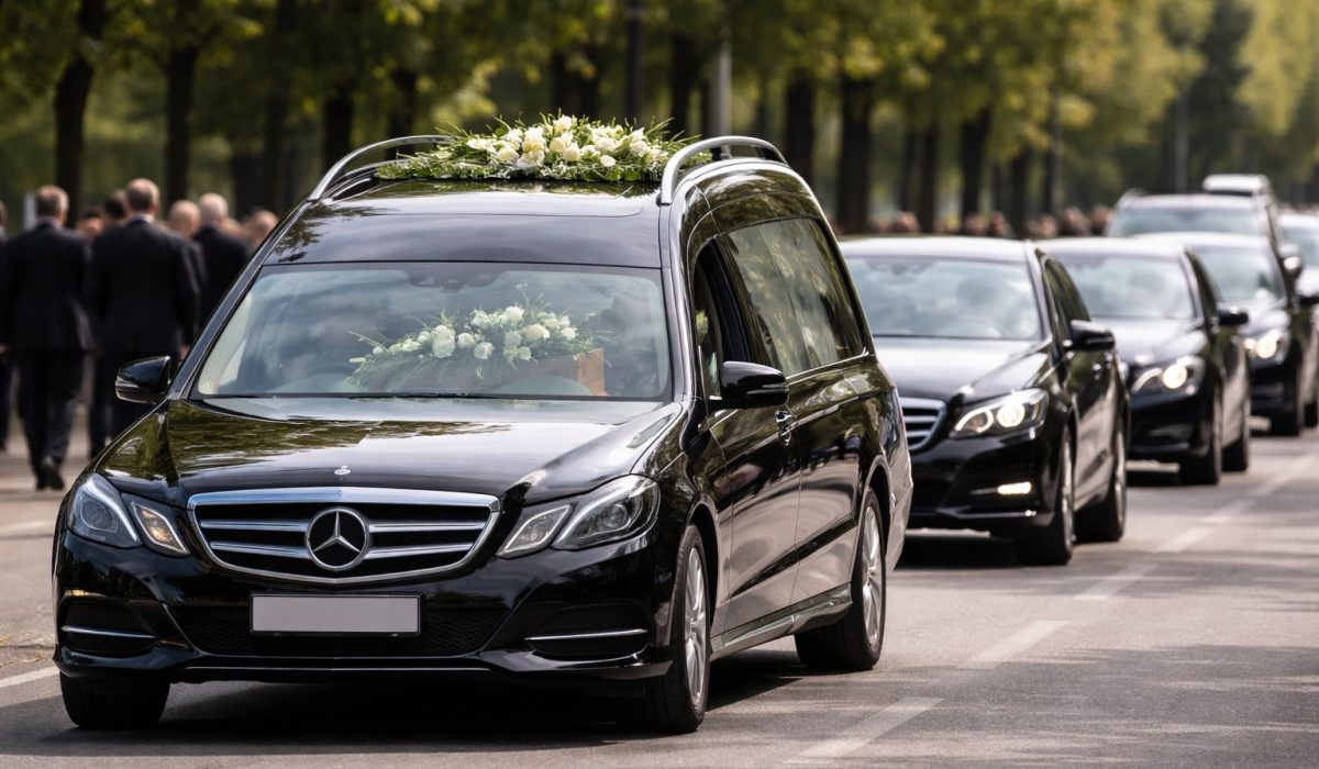 Corbillard noir ouvrant un convoi funéraire suivi de plusieurs voitures, avec des proches en arrière-plan sur une avenue arborée.